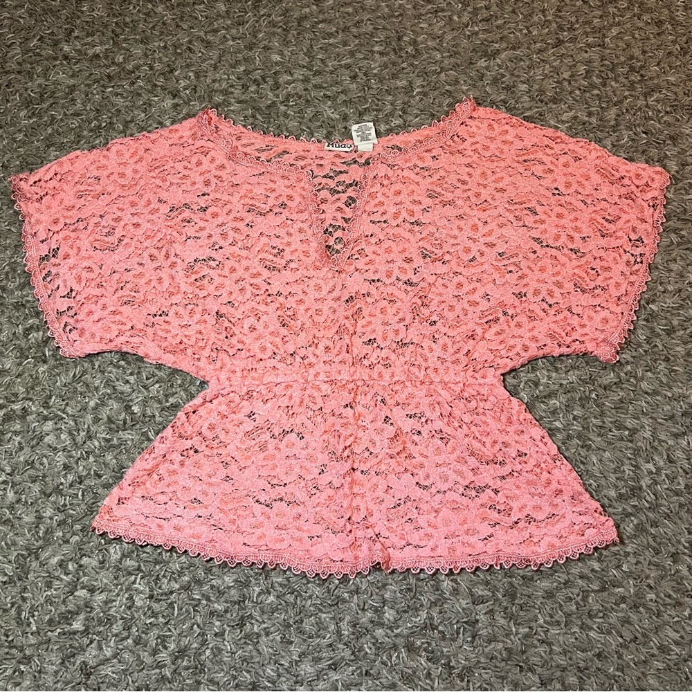 Mudd Juniors Y2K M Lace Salmon Pink Ruffle Shirt Medium